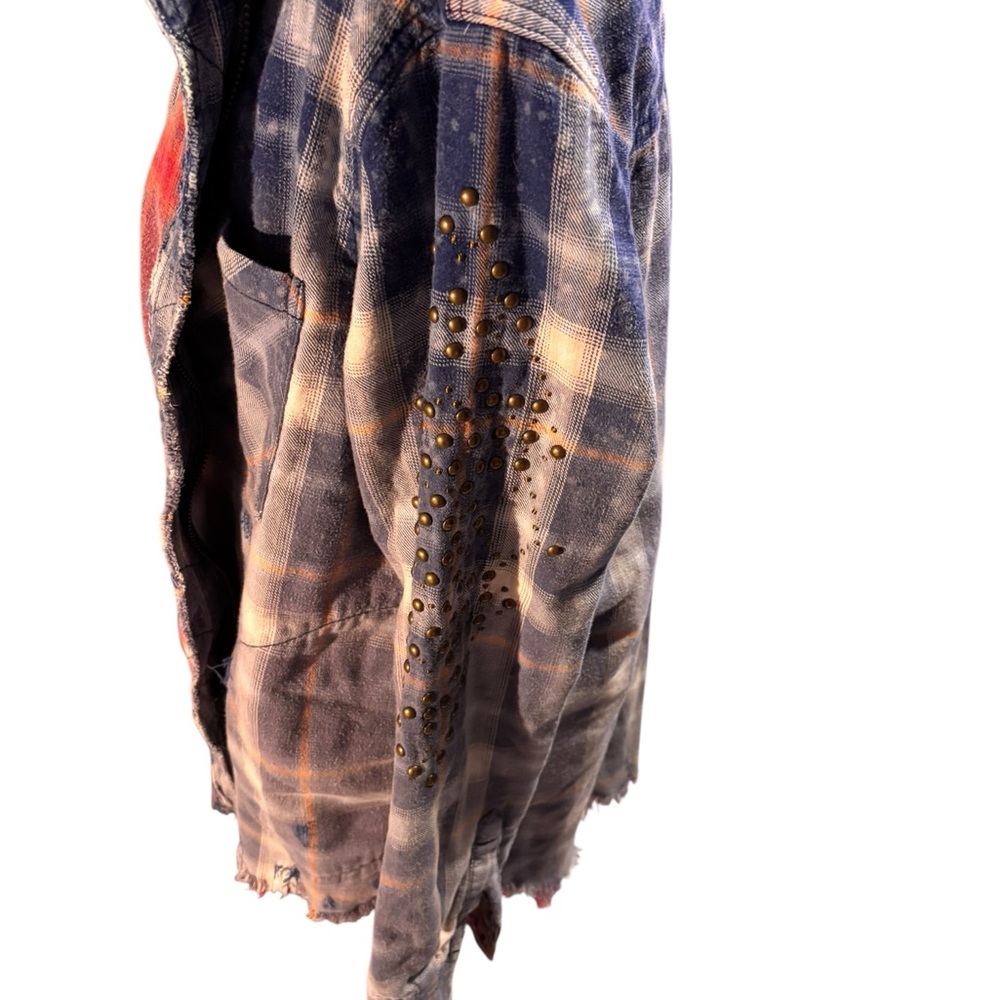 Free People Oversized Studded Plaid Jacket Distressed Boho Shacket Size Medium - Picture 2 of 5